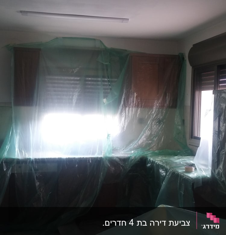 חדר מכוסה בניילון לקראת צביעה, עם רולר צבע